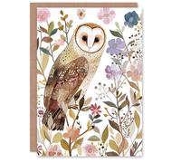 Artery8 Greeting Card Barn Owl Bird with Wildflowers Floral Watercolour For Her Woman Birthday Card