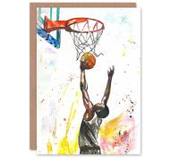 Artery8 Greeting Card Basketball Player Jump Hoop Sport Watercolour For Child Kids Birthday Card