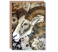 Artery8 Greeting Card Bighorn Sheep Abstract Floral Patter Folk Art Blank For Him Or Her Art Birthday Card