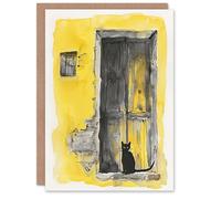 Artery8 Greeting Card Black Cat in Doorway Rustic Yellow Watercolour Blank For Him Or Her Art Birthday Card