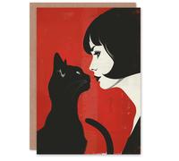 Artery8 Greeting Card Black Cat Lover Lady And Pet Bold Red Retro Style Blank For Him Or Her Art Birthday Card