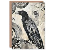 Artery8 Greeting Card Black Raven Bird Painting Magic Gothic Symbolic Blank For Him Or Her Art Birthday Card