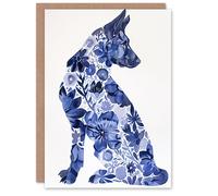 Artery8 Greeting Card Blue German Shepherd Floral Pattern Watercolour For Her Woman Birthday Card