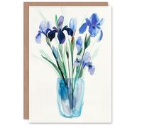 Artery8 Greeting Card Blue Iris Flower Bouquet Vase Floral Watercolour For Her Woman Birthday Card