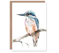 Artery8 Greeting Card Blue Kingfisher Bird Modern Watercolour Simple Blank For All Him Or Her Art Birthday Card