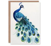 Artery8 Greeting Card Blue Peafowl Peacock Tail Feathers Watercolour For Her Woman Birthday Card