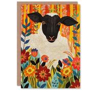 Artery8 Greeting Card Bohemian Sheep Vibrant Trippy Flower Pattern Blank For Him Or Her Art Birthday Card