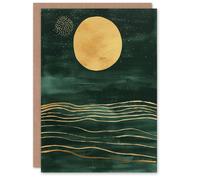 Artery8 Greeting Card Boho Abstract Full Moon Dark Green Gold Seascape Blank For Him Or Her Art Birthday Card