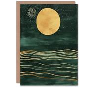 Artery8 Greeting Card Boho Abstract Full Moon Dark Green Gold Seascape Blank For Him Or Her Art Birthday Card