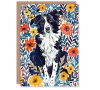 Artery8 Greeting Card Border Collie Flower Field Dog Lover Watercolour Blank For Him Or Her Art Birthday Card