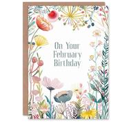 Artery8 Greeting Card Born in February Fun Bright Floral Flowers For Her Woman Wife Mum Sister Daughter Birthday Card