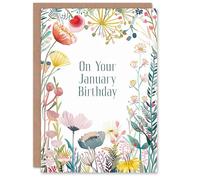 Artery8 Greeting Card Born In January Bright Fun Bold Floral Flowers For Her Woman Wife Mum Sister Daughter Birthday Card