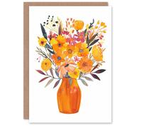 Artery8 Greeting Card Bright Autumnal Orange Pink Flower Bouquet Vase For Her Woman Birthday Card