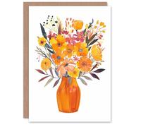 Artery8 Greeting Card Bright Autumnal Orange Pink Flower Bouquet Vase For Her Woman Birthday Card