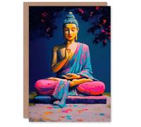 Artery8 Greeting Card Buddha Statue Pink Blue Buddhism Mindfulness Blank For Him Or Her Art Birthday Card
