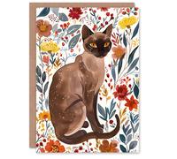 Artery8 Greeting Card Burmese Cat Lover Watercolour Autumn Wildflowers For Her Woman Birthday Card