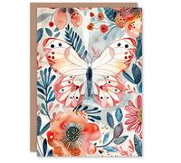 Artery8 Greeting Card Butterfly Red Blue Floral Watercolour Folk Art For Her Woman Birthday Card
