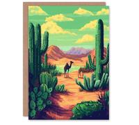 Artery8 Greeting Card Camels in Desert Cacti Oasis Pixel Art Landscape Blank For Him Or Her Art Birthday Card