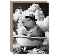 Artery8 Greeting Card Capybara with Hat in Bathtub Black White Surreal Blank For Him Or Her Art Birthday Card