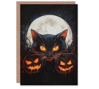Artery8 Greeting Card Cat and Pumpkins Fun Jack o Lanterns Full Moon Blank For All Halloween Card