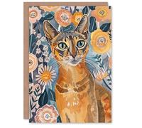 Artery8 Greeting Card Cat Lover Abyssinian Floral Watercolour Folk Art For Her Woman Birthday Card