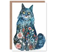 Artery8 Greeting Card Cat Lover Blue Maine Coon with Flower Pattern Fur For Her Woman Birthday Card
