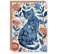 Artery8 Greeting Card Cat Lover Blue Red Floral Japanese Style Pattern Blank For Him Or Her Art Birthday Card