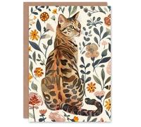 Artery8 Greeting Card Cat Lover Curious Bengal in Autumn Wildflowers For Her Woman Birthday Card