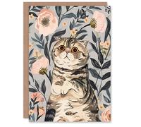 Artery8 Greeting Card Cat Lover Cute Scottish Fold with Pink Poppies For Her Woman Get Well Card