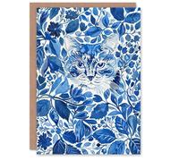 Artery8 Greeting Card Cat Lover Floral Blue China Pattern Watercolour For Her Woman Birthday Card