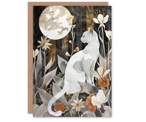 Artery8 Greeting Card Cat Lover Floral Forest Full Moon Watercolour Blank For Him Or Her Art Birthday Card