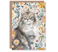 Artery8 Greeting Card Cat Lover Maine Coon Boho Floral Pet Portrait For Her Woman Birthday Card