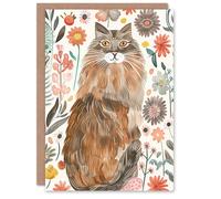 Artery8 Greeting Card Cat Lover Maine Coon Folk Art Floral Watercolour For Her Woman Birthday Card