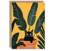 Artery8 Greeting Card Cat Lover Mischievous Pet in Tropical Plant Pot Blank For Him Or Her Art Birthday Card