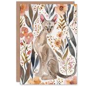 Artery8 Greeting Card Cat Lover Oriental Shorthair with Anemone Flowers For Her Woman Birthday Card