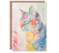 Artery8 Greeting Card Cat Lover Pastel Rainbow Watercolour Portrait Blank For All Him Or Her Art Birthday Card