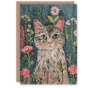 Artery8 Greeting Card Cat Lover Pet Portrait Night Time Flower Garden Blank For Him Or Her Art Birthday Card