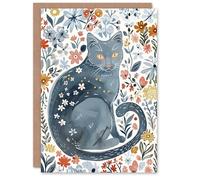 Artery8 Greeting Card Cat Lover Russian Blue with Bright Wildflowers For Her Woman Birthday Card