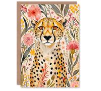 Greeting Card Cheetah in Exotic Flower Garden Watercolour Birthday Artery8 Multi One Size