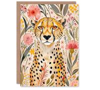 Greeting Card Cheetah in Exotic Flower Garden Watercolour Birthday Artery8 Multi One Size