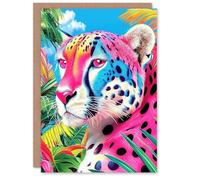 Artery8 Greeting Card Cheetah Jungle Plants Colourful Animal Portrait Blank For Him Or Her Art Birthday Card
