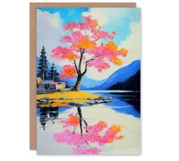 Artery8 Greeting Card Cherry Blossom Tree by Lake Coastal Landscape Blank For Him Or Her Art Birthday Card