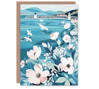 Artery8 Greeting Card Coastal Scottish Pier Seagulls Floral Painting Blank For Him Or Her Art Birthday Card