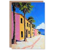 Artery8 Greeting Card Coastal Village Houses Palm Trees Spain Townscape Blank For Him Or Her Art Birthday Card