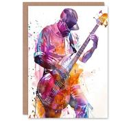 Artery8 Greeting Card Colourful Bassist Watercolour Musician Portrait Blank For All Him Or Her Art Birthday Card