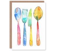 Artery8 Greeting Card Colourful Cutlery Fork Knife Spoon Watercolour Birthday Artery8 Multicolor