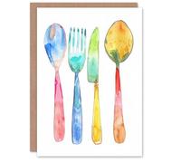 Artery8 Greeting Card Colourful Cutlery Fork Knife Spoon Watercolour Blank For Him Or Her Art Birthday Card