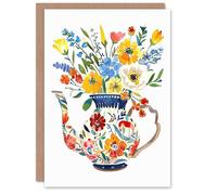 Artery8 Greeting Card Colourful Flower Bouquet in Floral Teapot Vase For Her Woman Birthday Card