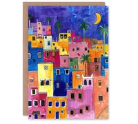 Artery8 Greeting Card Colourful Moroccan Cityscape At Night Watercolour Blank For Him Or Her Art Birthday Card