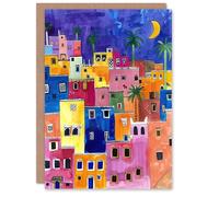 Artery8 Greeting Card Colourful Moroccan Cityscape At Night Watercolour Blank For Him Or Her Art Birthday Card